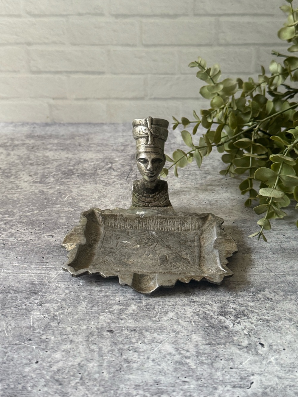 Vintage 70s Egyptian Metal Tray, Engraved Pyramid with Nefertiti Bust